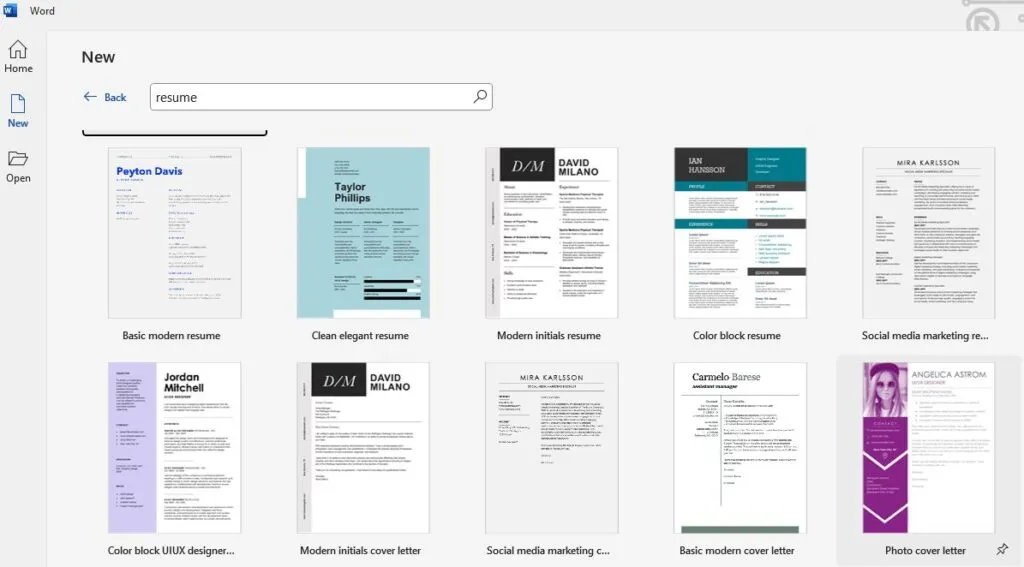 Microsoft Word new document screen showing resume templates after typing resume in the template search