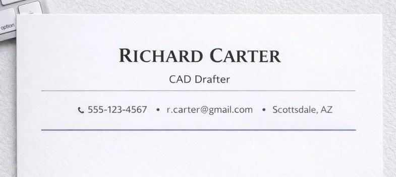 Resume header example showing a CAD Drafter job title under the candidate’s name with centered contact information
