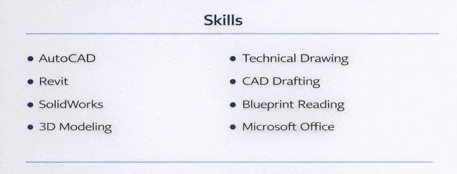 Resume skills section showing a two-column list of relevant technical skills in a clean layout