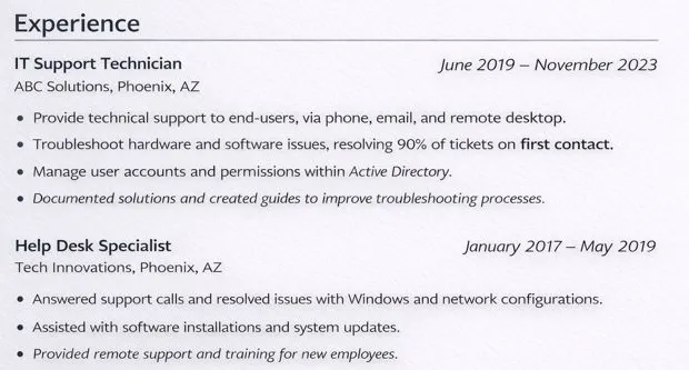 Resume experience section showing two job roles with company names, dates, and bullet point responsibilities