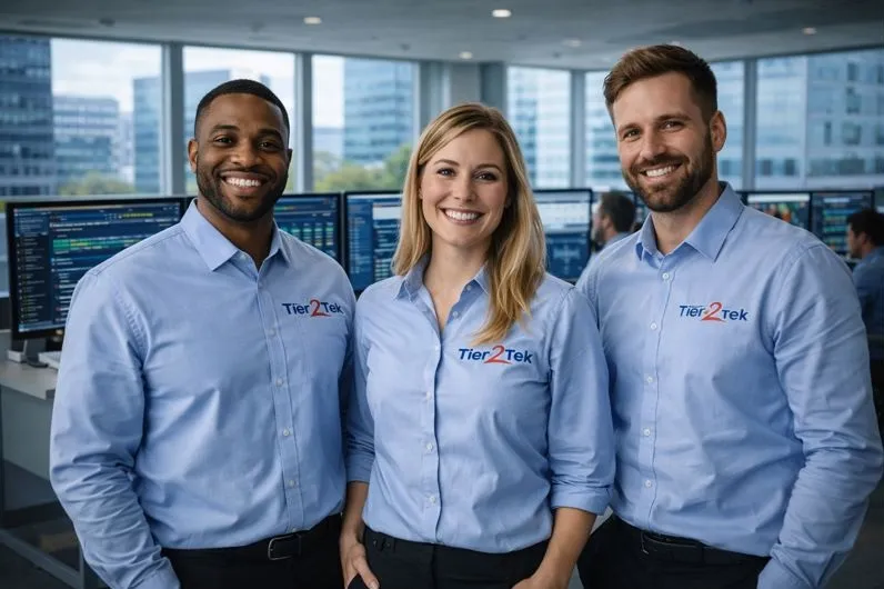 Tier2Tek cybersecurity recruiting team in a professional office environment supporting direct hire staffing