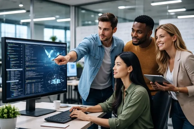 Algorithms engineers collaborating on complex software models and data analysis for enterprise technology teams.