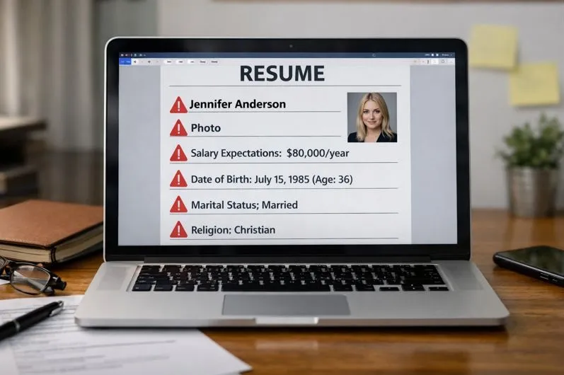ATS resume red flags showing photo, salary expectations, age, marital status, and religion on a computer screen for Tier2Tek Staffing
