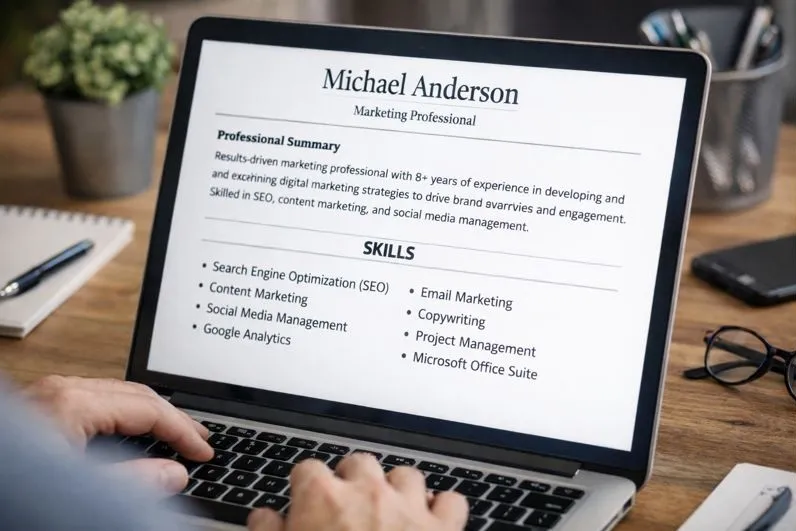 ATS-friendly resume skills section displayed on a computer screen showing a professional summary and keyword-optimized skills for job seekers.