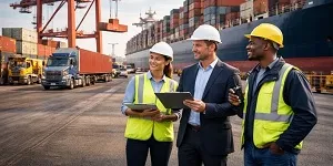 Commercial shipping and logistics professionals coordinating port operations and cargo transport
