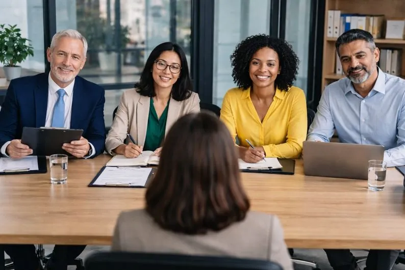 Diverse interview panel evaluating candidates through a structured hiring process led by Tier2tek Staffing.