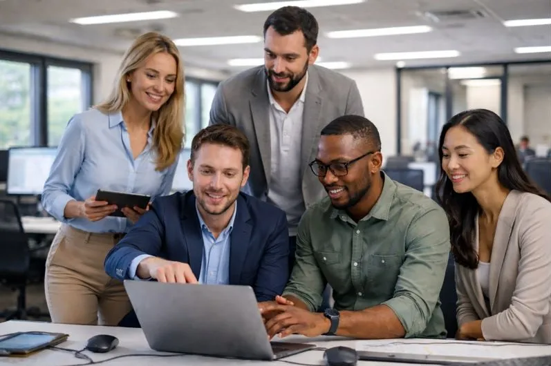 DevOps professionals collaborating in a business casual office environment supporting scalable infrastructure and deployment operations