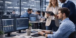 Enterprise software professionals collaborating in a modern office environment supporting large-scale business systems