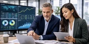 Financial services professionals collaborating on investment analysis and reporting