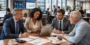 Financial services professionals advising clients in a modern office environment