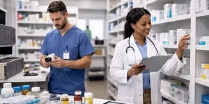 Healthcare professionals managing medical supplies in a clinical pharmacy setting