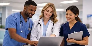 Healthcare professionals collaborating in a clinical environment