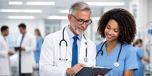 Healthcare professionals collaborating in a hospital environment to support clinical staffing and workforce solutions