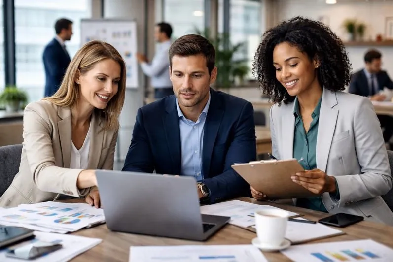 Business analysts collaborating in a professional office environment to support data-driven decision making for enterprise organizations.