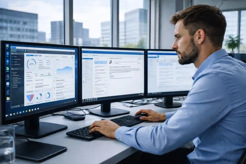 Cybersecurity professional monitoring security software and email systems in a modern office environment