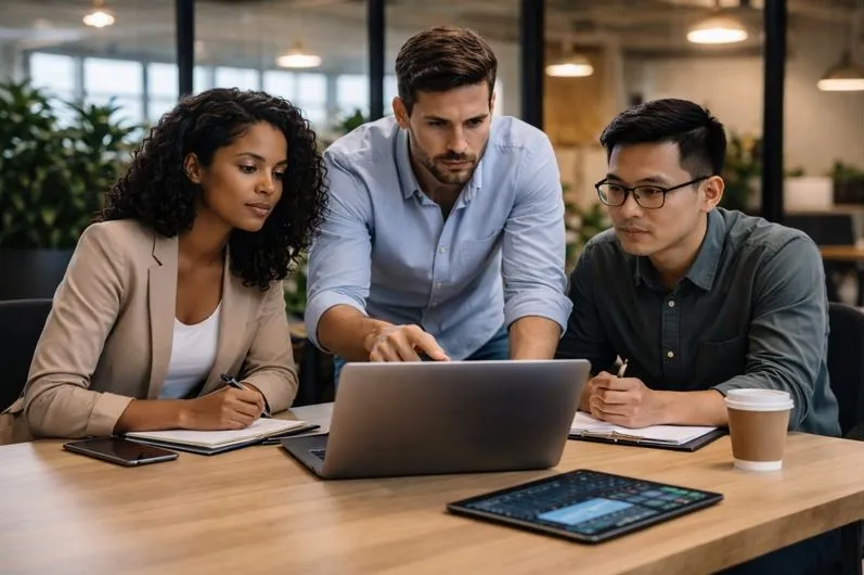 Data scientists collaborating on analytics and business insights in a professional workplace