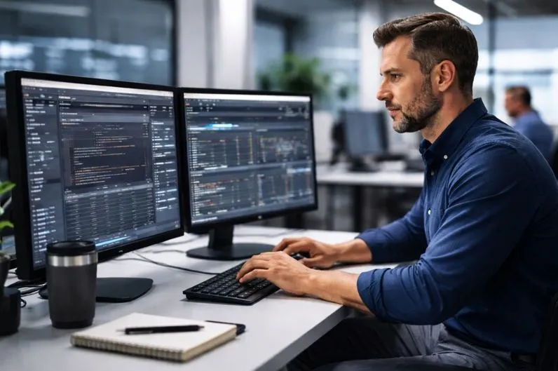 Database administrator managing enterprise databases in a modern office environment