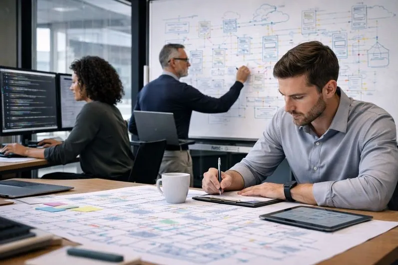 IT architects collaborating on enterprise system design and technology planning in a modern office environment