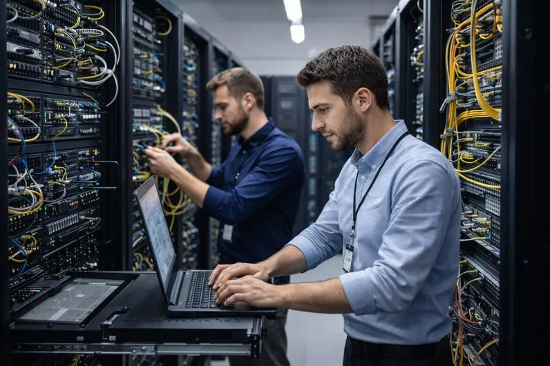 Network engineers working in server room managing enterprise network infrastructure