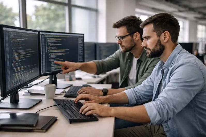 Software developers collaborating on code during direct hire software developer staffing engagement