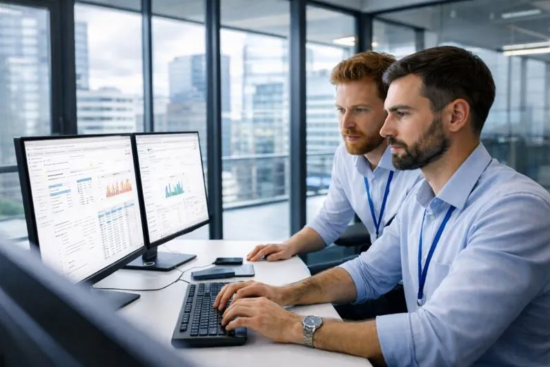 Systems administrators monitoring IT infrastructure and performance data in a modern office environment