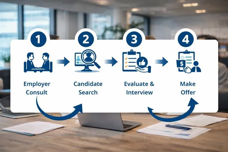 Business Analyst staffing workflow showing employer consult, candidate search, evaluation, and direct hire offer.