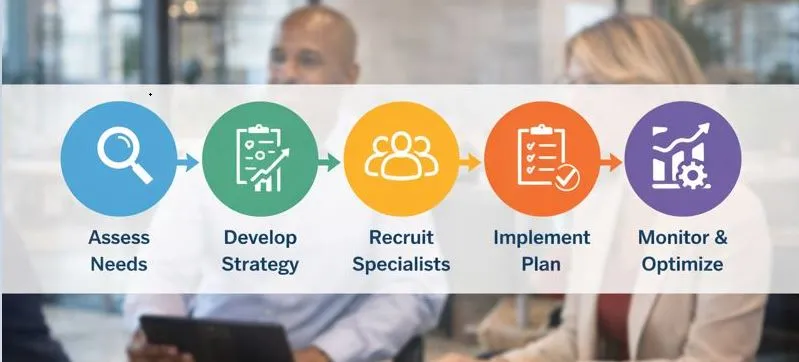 Change management staffing workflow showing structured hiring and implementation stages.
