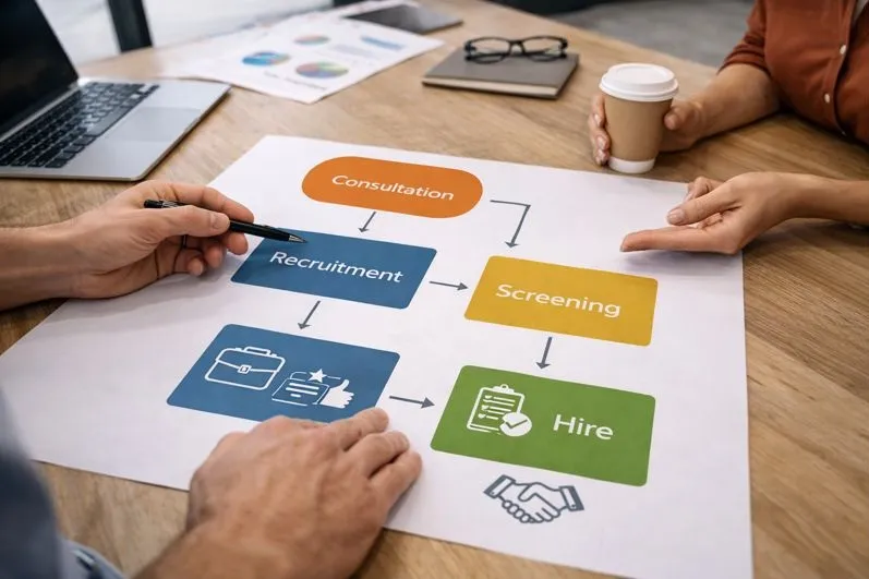 Hiring workflow used by copywriter staffing agencies to evaluate and place candidates