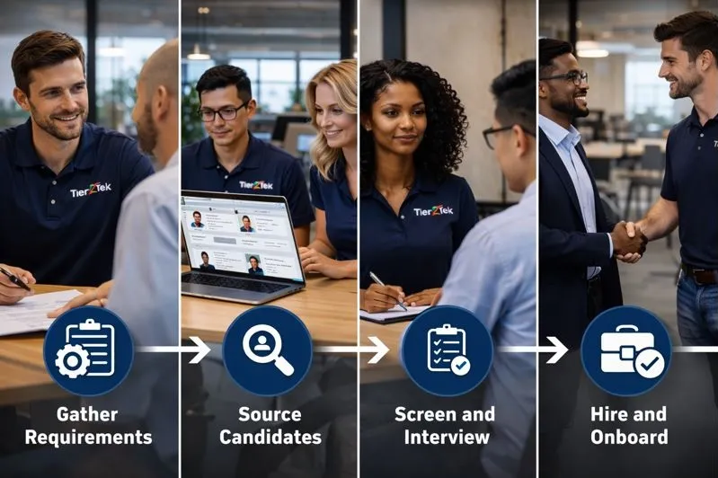 Data scientist staffing workflow showing recruitment steps from requirements to direct hire placement