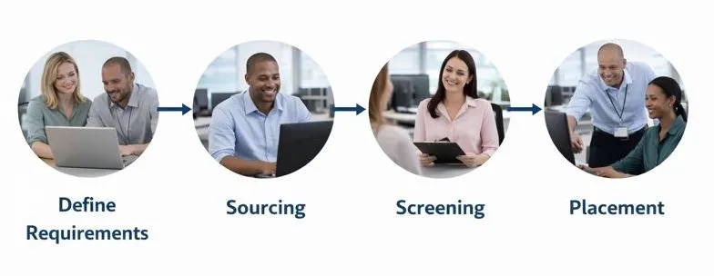 Desktop support staffing workflow showing requirements, sourcing, screening, and placement