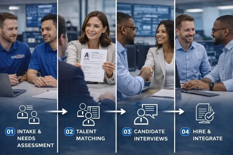 DevOps hiring workflow showing candidate sourcing, evaluation, and direct hire placement