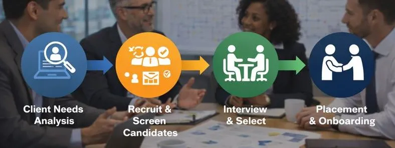 IT architect staffing workflow showing candidate sourcing, evaluation, and direct hire placement process