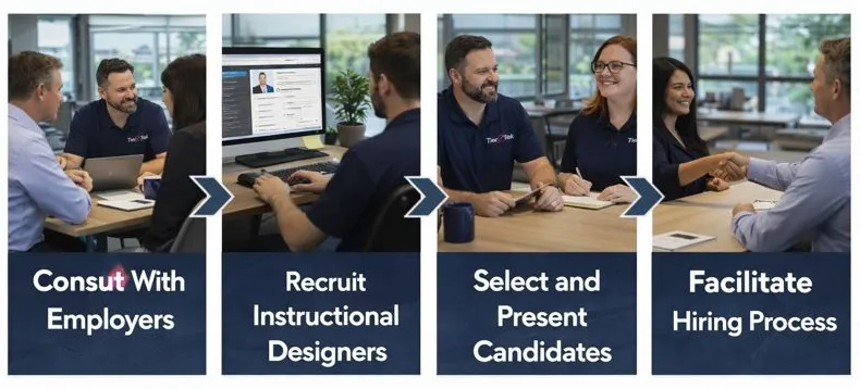 Instructional designer staffing agency workflow showing Tier2Tek direct hire recruiting process