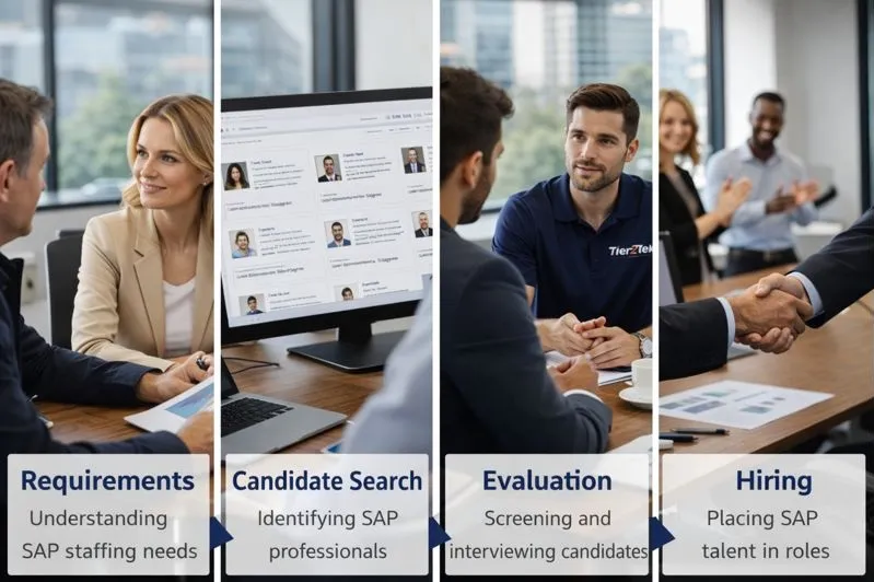 SAP staffing workflow showing requirements, candidate search, evaluation, and direct hire placement