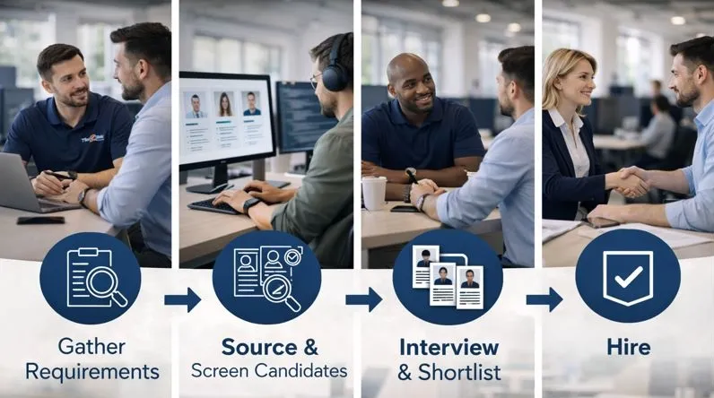 Software developer staffing workflow from requirements to direct hire placement