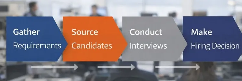 UI UX staffing workflow showing requirements, candidate sourcing, interviews, and hiring decisions