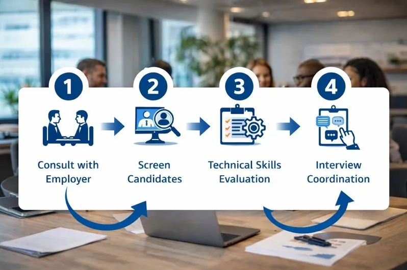 Business Analyst recruitment process showing consult, candidate screening, skills evaluation, and interview coordination.