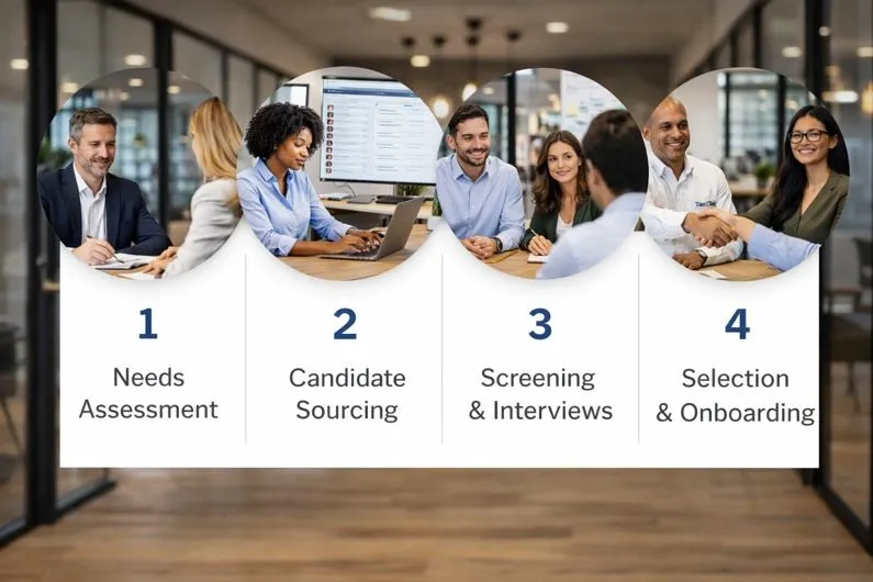 Change management recruitment process supporting direct hire transformation and leadership roles.