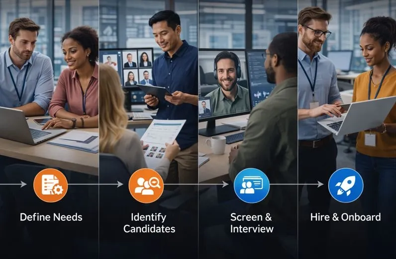 Cloud recruitment process showing sourcing, screening, and hiring of cloud engineers