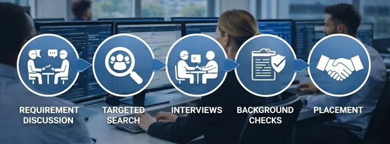 Cybersecurity hiring process showing recruiters and security teams collaborating in a professional office environment