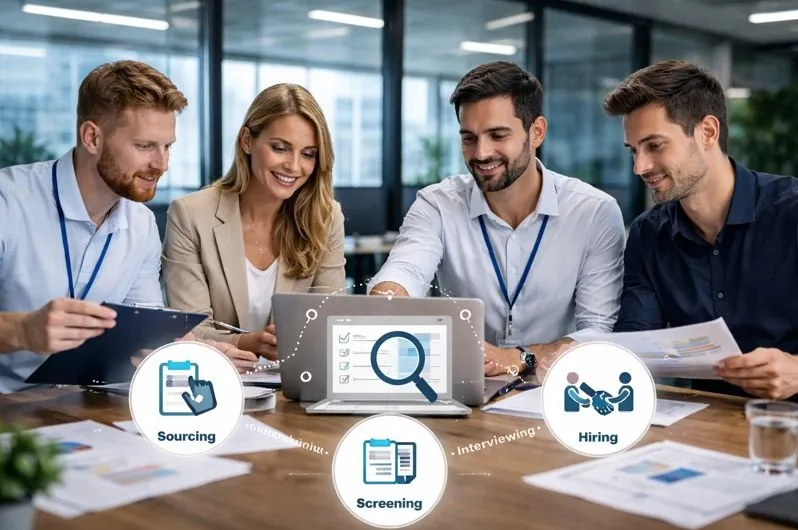 Recruiters collaborating on systems administrator hiring and candidate selection