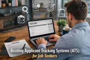 Job seeker updating an ATS optimized resume on a laptop with Tier2Tek Staffing career support