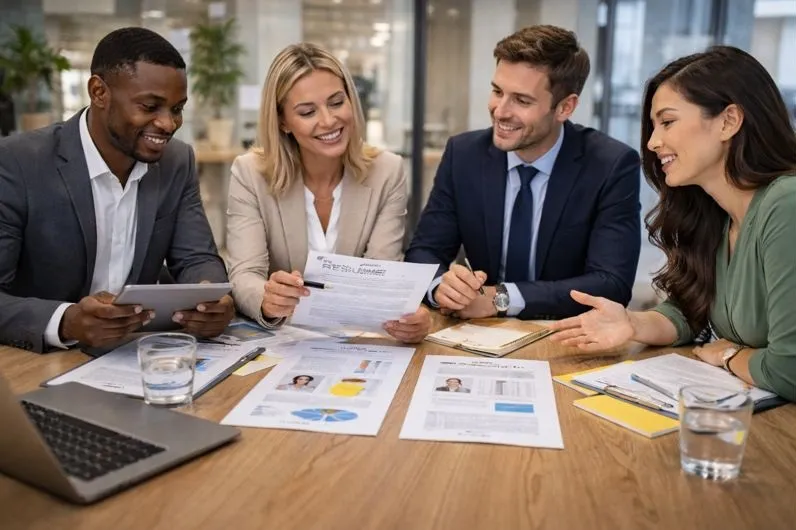 Hiring team reviewing candidates efficiently while aligning skills and culture in a structured corporate recruitment meeting