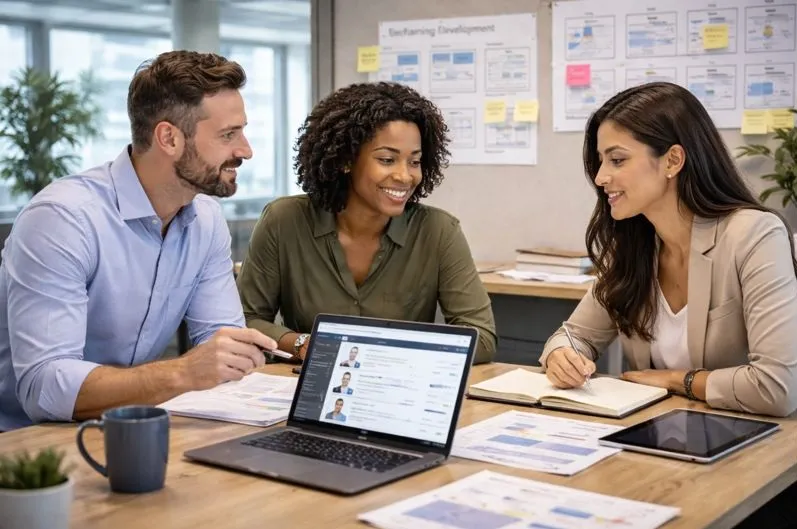 Instructional designer staffing professionals collaborating on direct hire learning and development recruitment