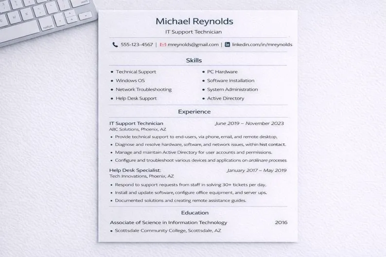 One-page IT Support Technician resume with contact information, skills, experience, and education