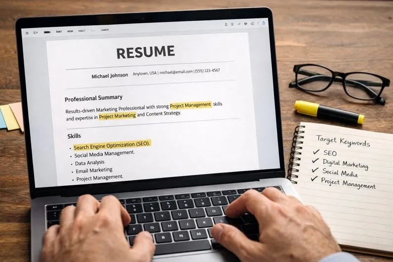 ATS-optimized resume displayed on a laptop with strategic keywords highlighted for applicant tracking systems