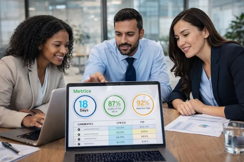 Recruiters reviewing hiring metrics like time to hire, quality of hire, and retention during a data-driven recruitment meeting