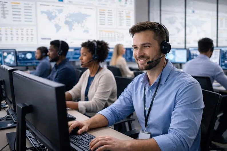 Network operations professionals monitoring systems in a modern NOC environment