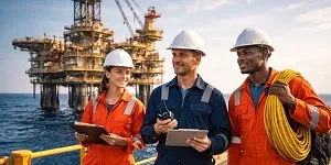 Offshore operations professionals coordinating safety and production on an active oil and gas platform
