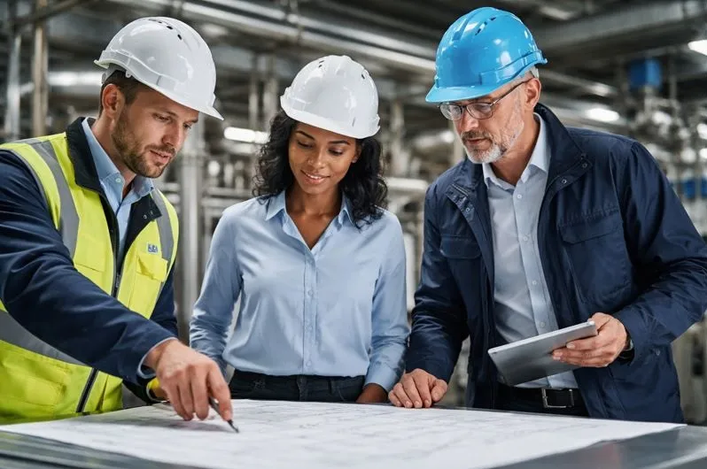 Process engineers reviewing production plans in an industrial manufacturing facility